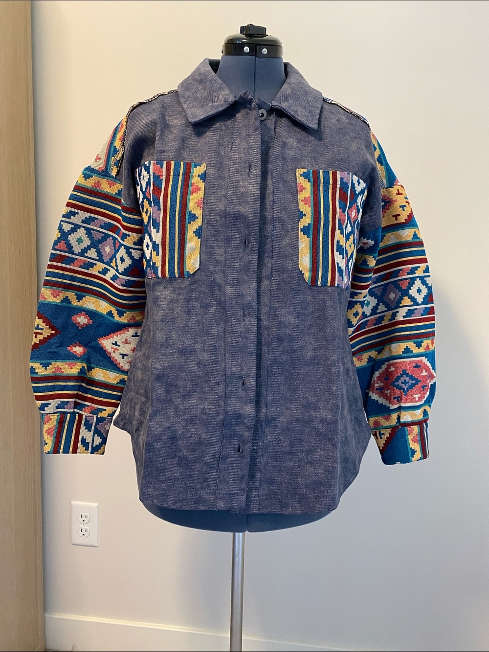 Love Riche Denim-Style Utility Jacket with Patterned Tribal Sleeves